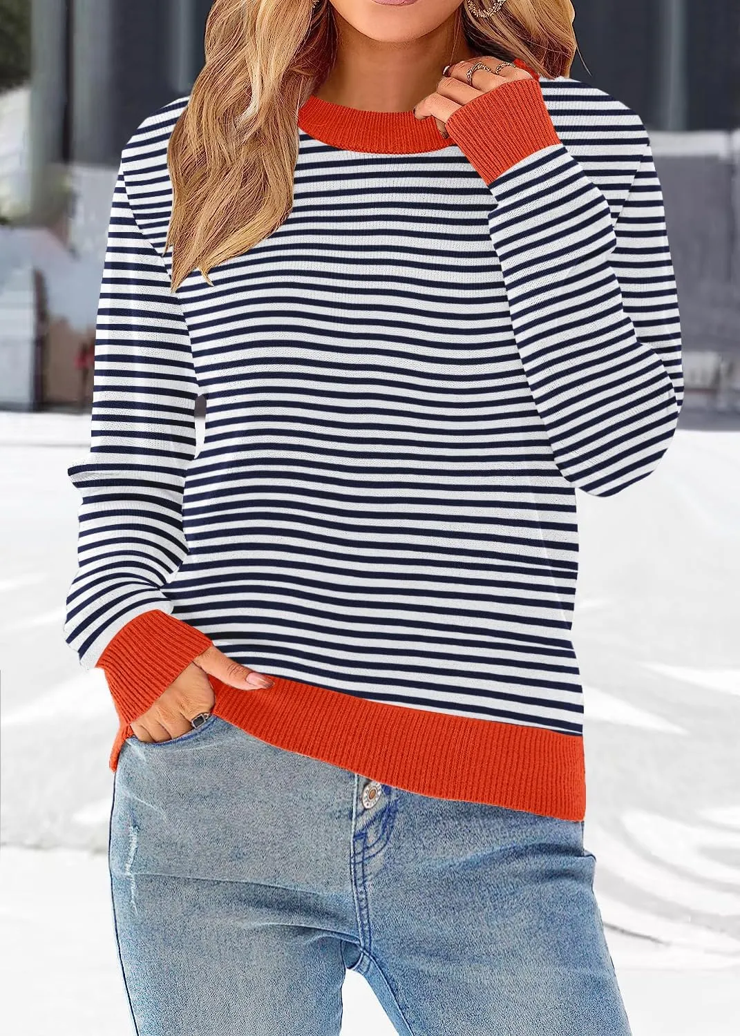 Women’s Striped Sweater Long Sleeve Crew Neck Ribbed Knit 2025 Fall Winter Pullover Sweater Tops