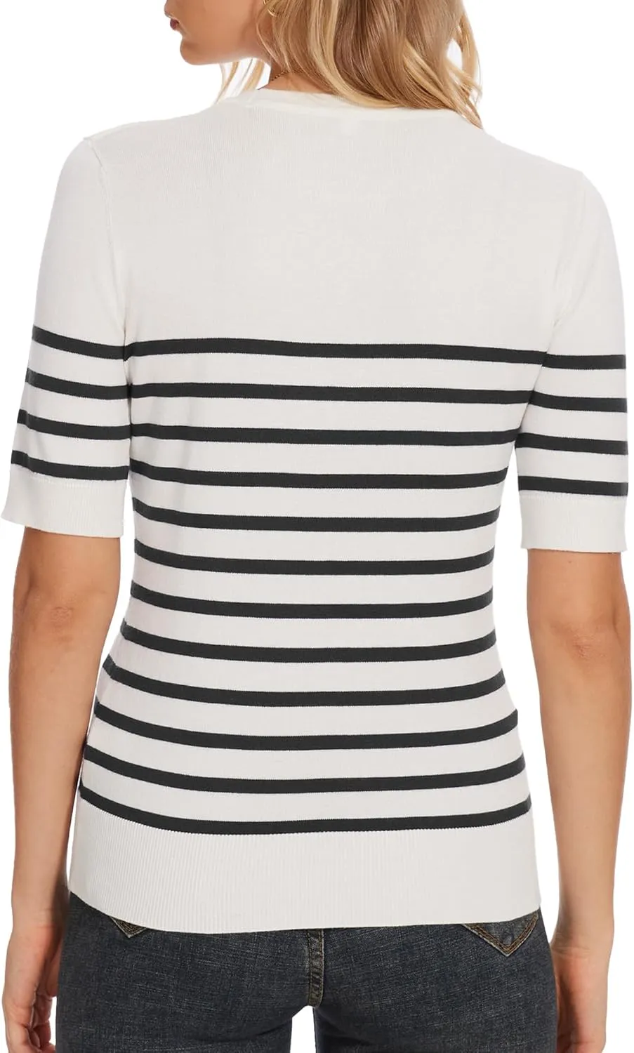 Women's Striped Tops Short Sleeve Crew Neck Knit Shirts Casual Pullover Sweater S-XXL