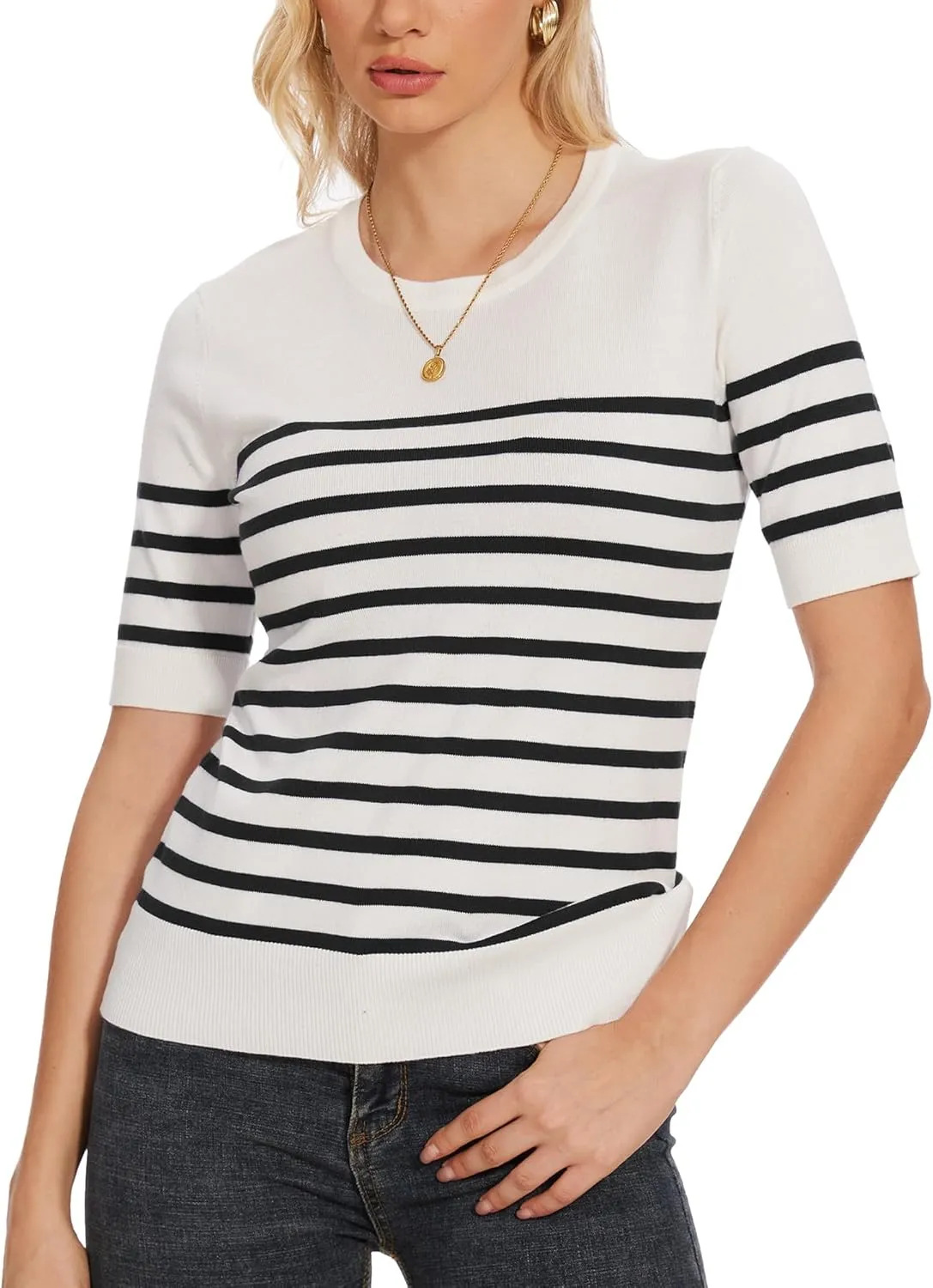 Women's Striped Tops Short Sleeve Crew Neck Knit Shirts Casual Pullover Sweater S-XXL