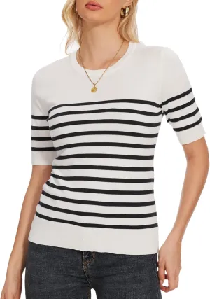 Women's Striped Tops Short Sleeve Crew Neck Knit Shirts Casual Pullover Sweater S-XXL