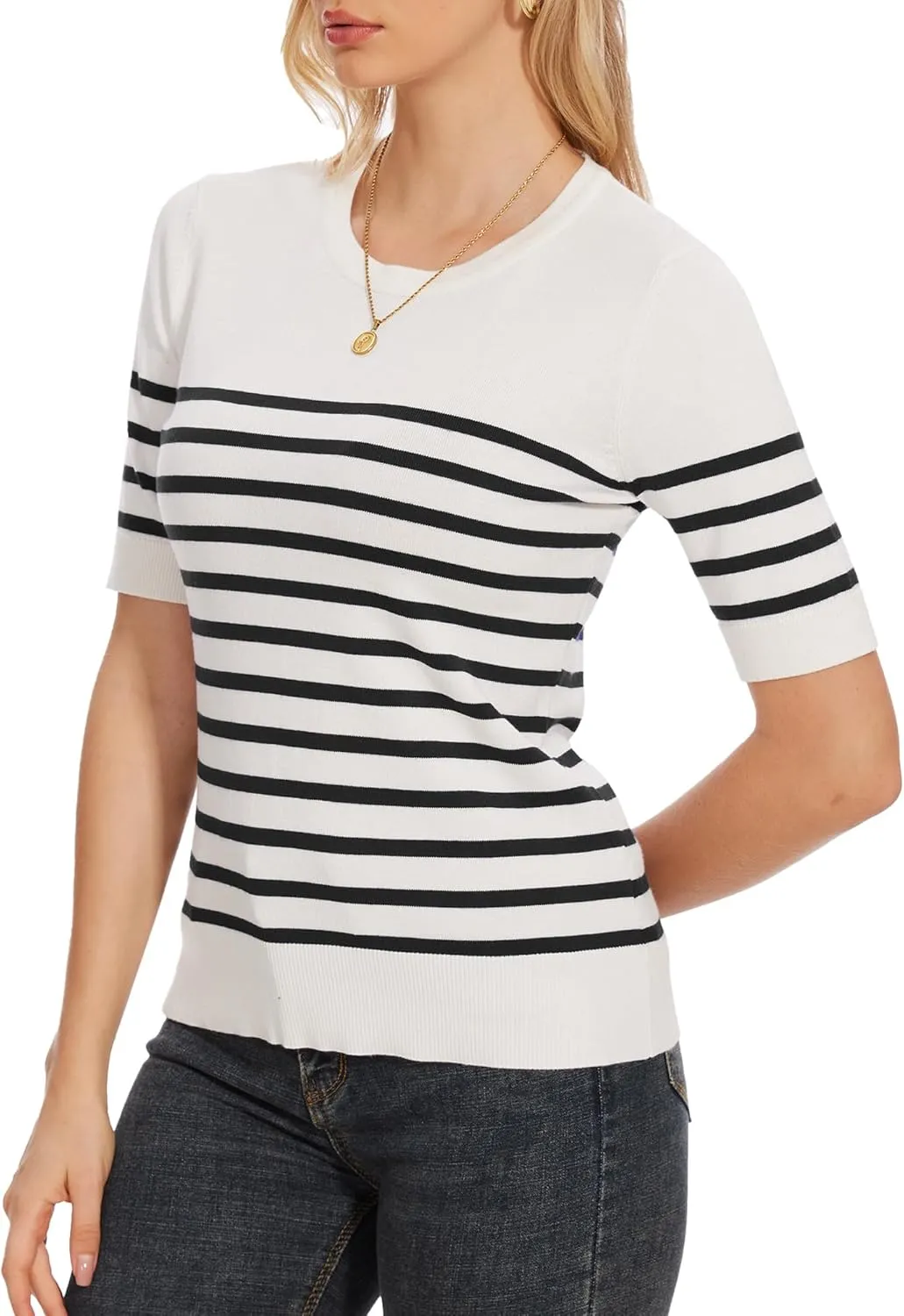 Women's Striped Tops Short Sleeve Crew Neck Knit Shirts Casual Pullover Sweater S-XXL