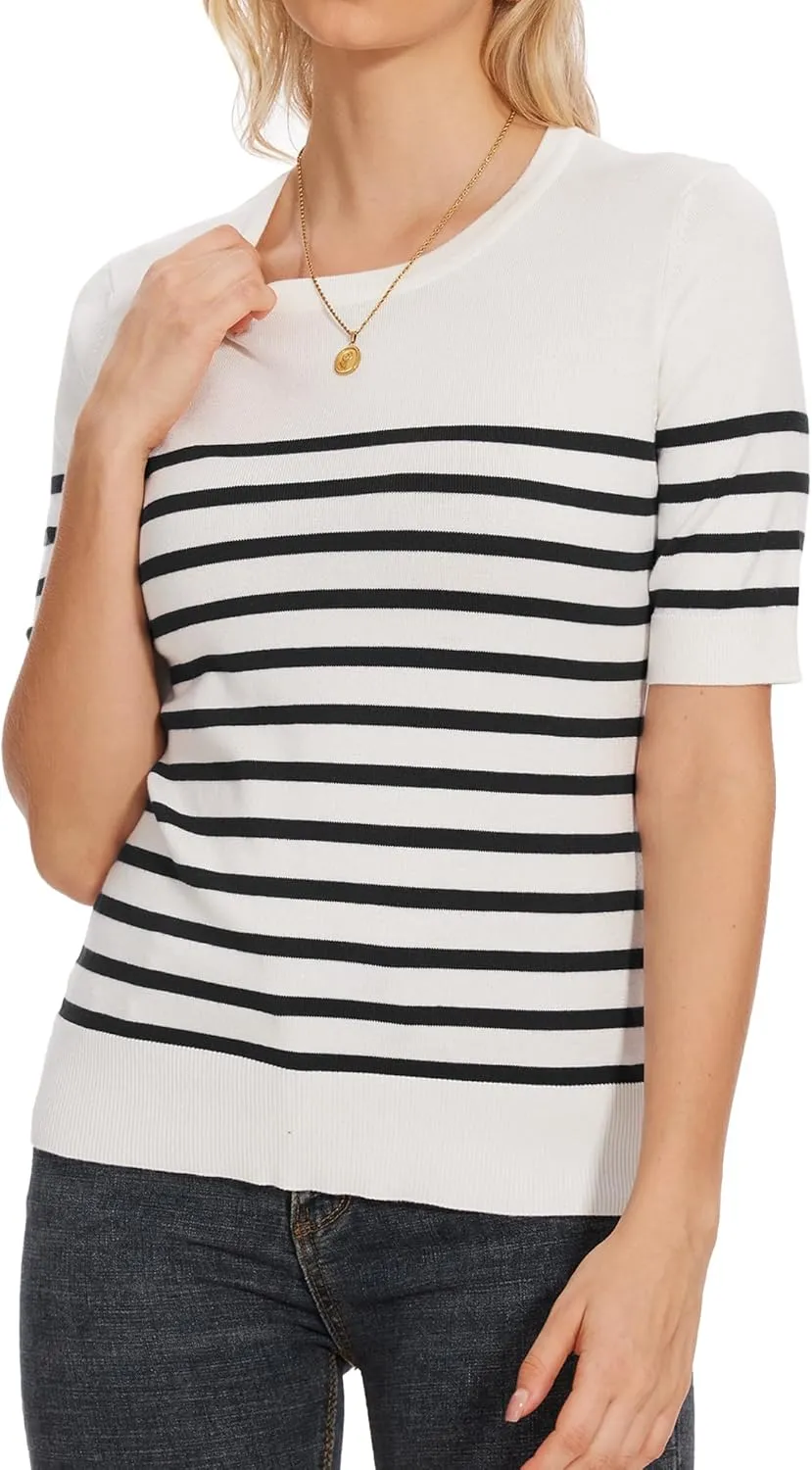Women's Striped Tops Short Sleeve Crew Neck Knit Shirts Casual Pullover Sweater S-XXL