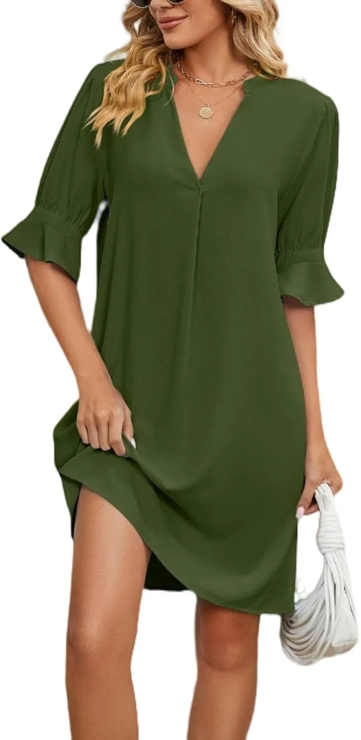 Women's Stylish 2025 Summer New Solid Color V Neck Loose Five Point Sleeve Dresses, Stylish and Comfortable Dress