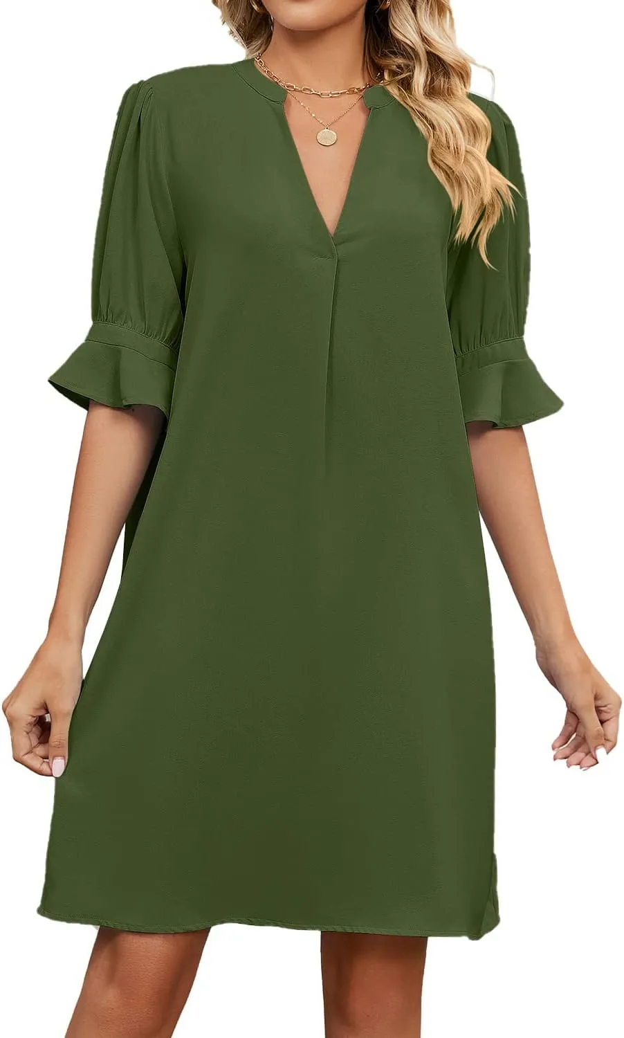 Women's Stylish 2025 Summer New Solid Color V Neck Loose Five Point Sleeve Dresses, Stylish and Comfortable Dress