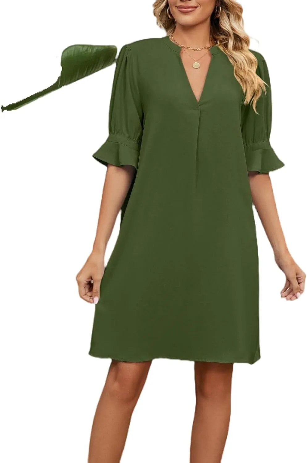 Women's Stylish 2025 Summer New Solid Color V Neck Loose Five Point Sleeve Dresses, Stylish and Comfortable Dress