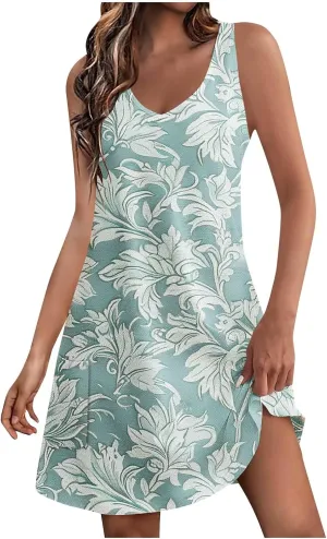 Women's Summer Beach Dress Casual Sleeveless Tank Dress Fashion Floral Print Dress V-Neck Mini Dresses Sundresses