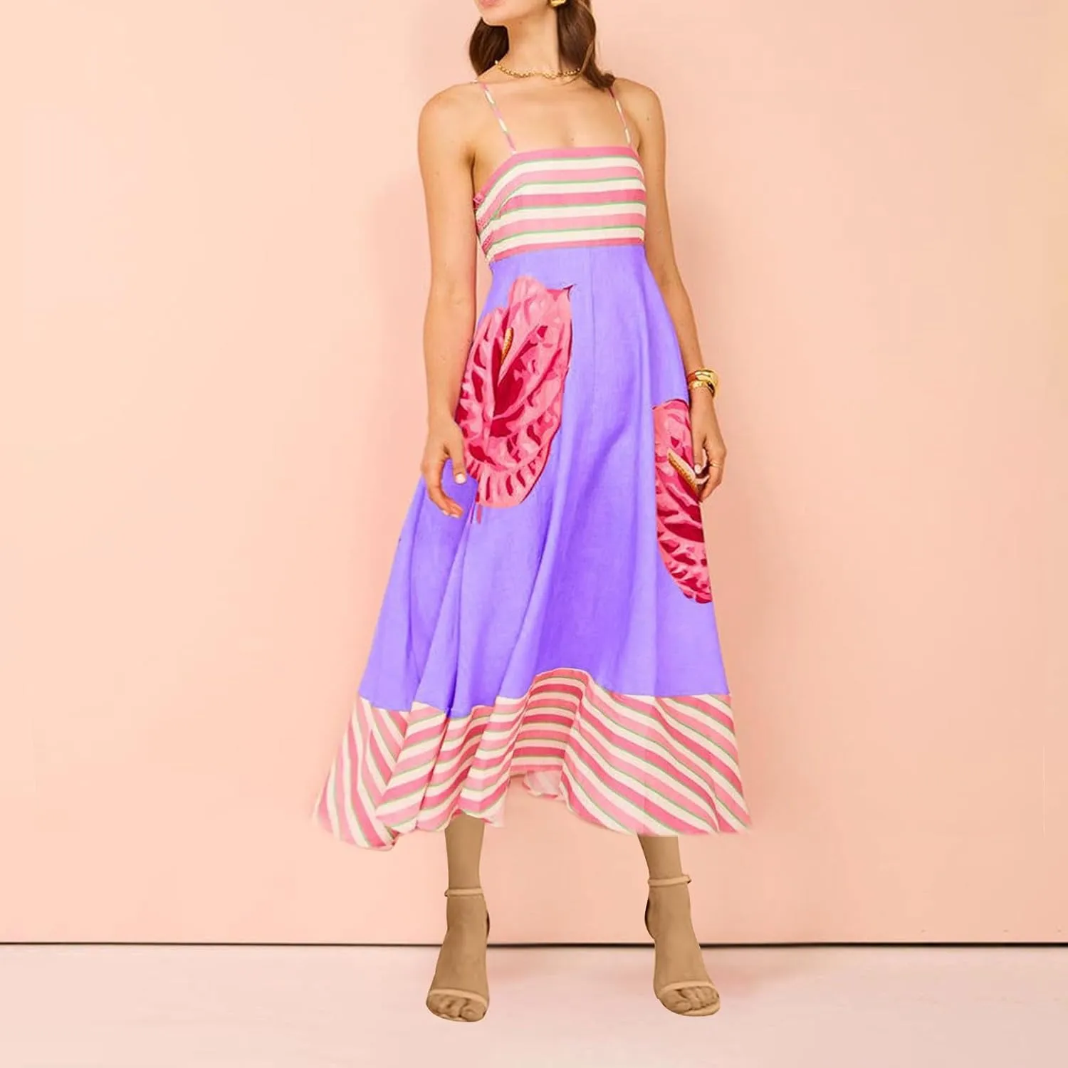 Womens Summer Dresses Casual Loose Fit Striped Color Block Halter Long Sundress Sleeveless Vacation Maxi Beach Dress
