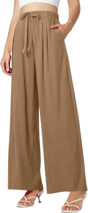Women's Summer High Waist Linen Palazzo Pants Wide Leg Long Button Up Jogger Pant Trousers with Pocket