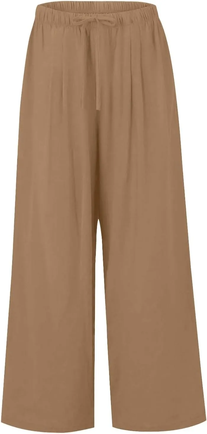 Women's Summer High Waist Linen Palazzo Pants Wide Leg Long Button Up Jogger Pant Trousers with Pocket