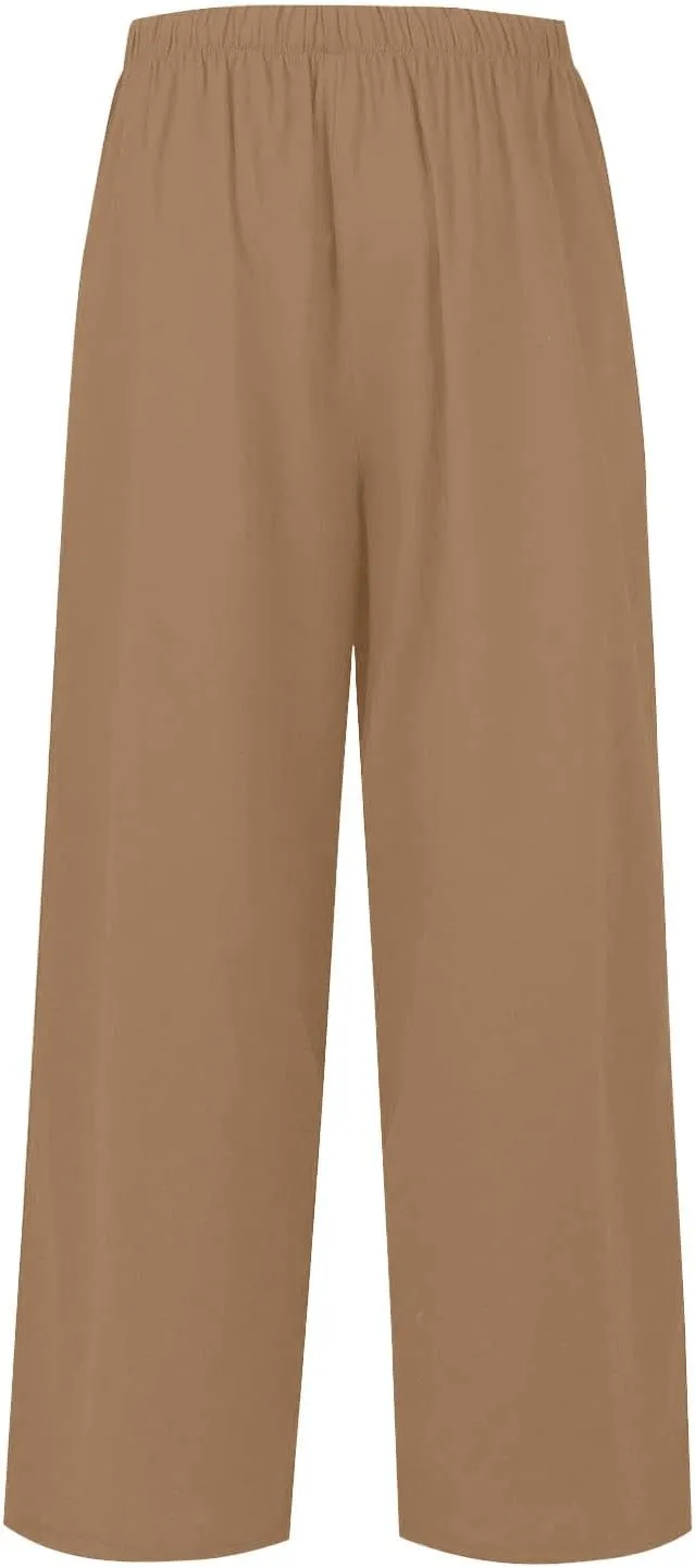 Women's Summer High Waist Linen Palazzo Pants Wide Leg Long Button Up Jogger Pant Trousers with Pocket