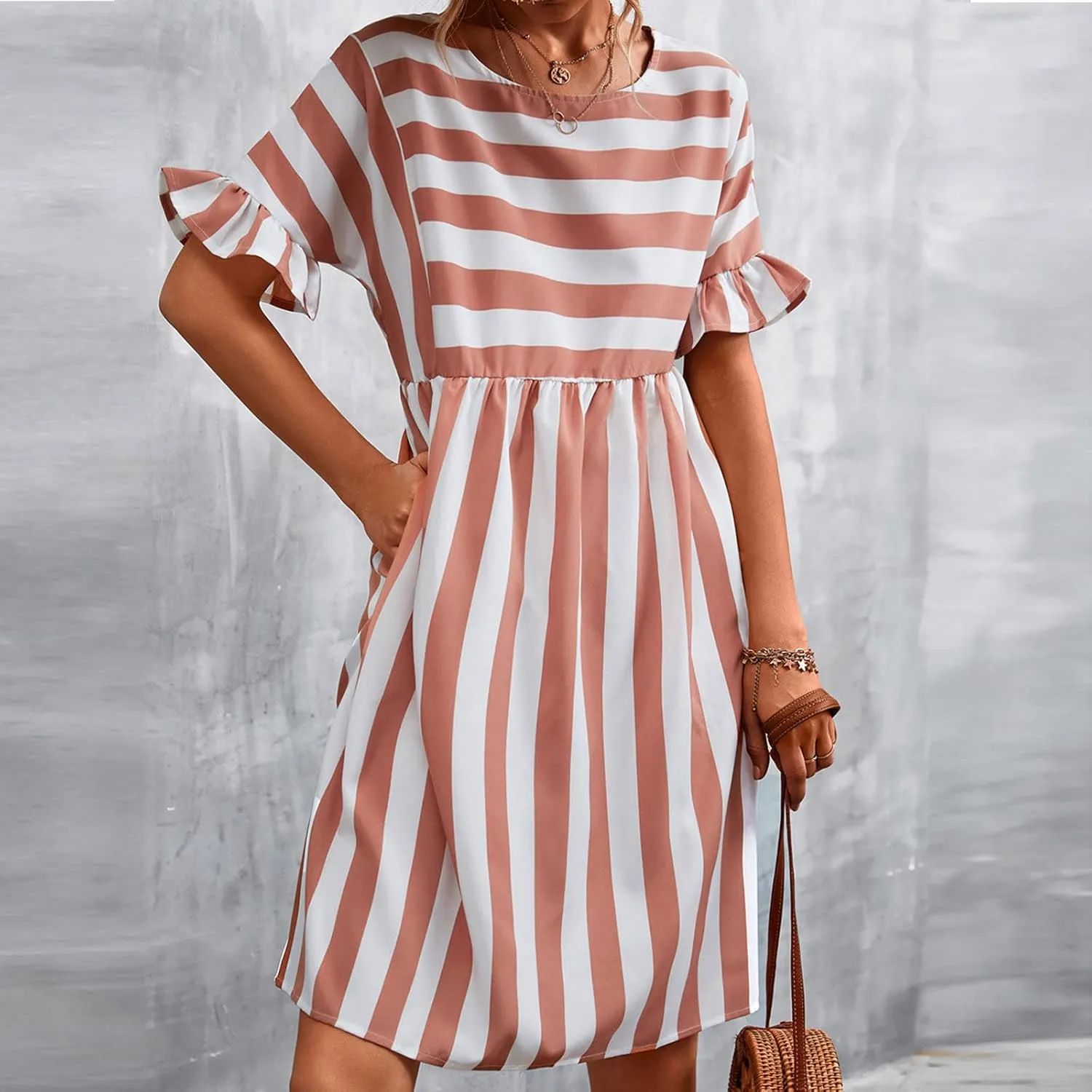 Women's Summer Ruffle Short Sleeve Striped Midi T Shirt Dress Crew Neck Work Casual Dresses with Pockets
