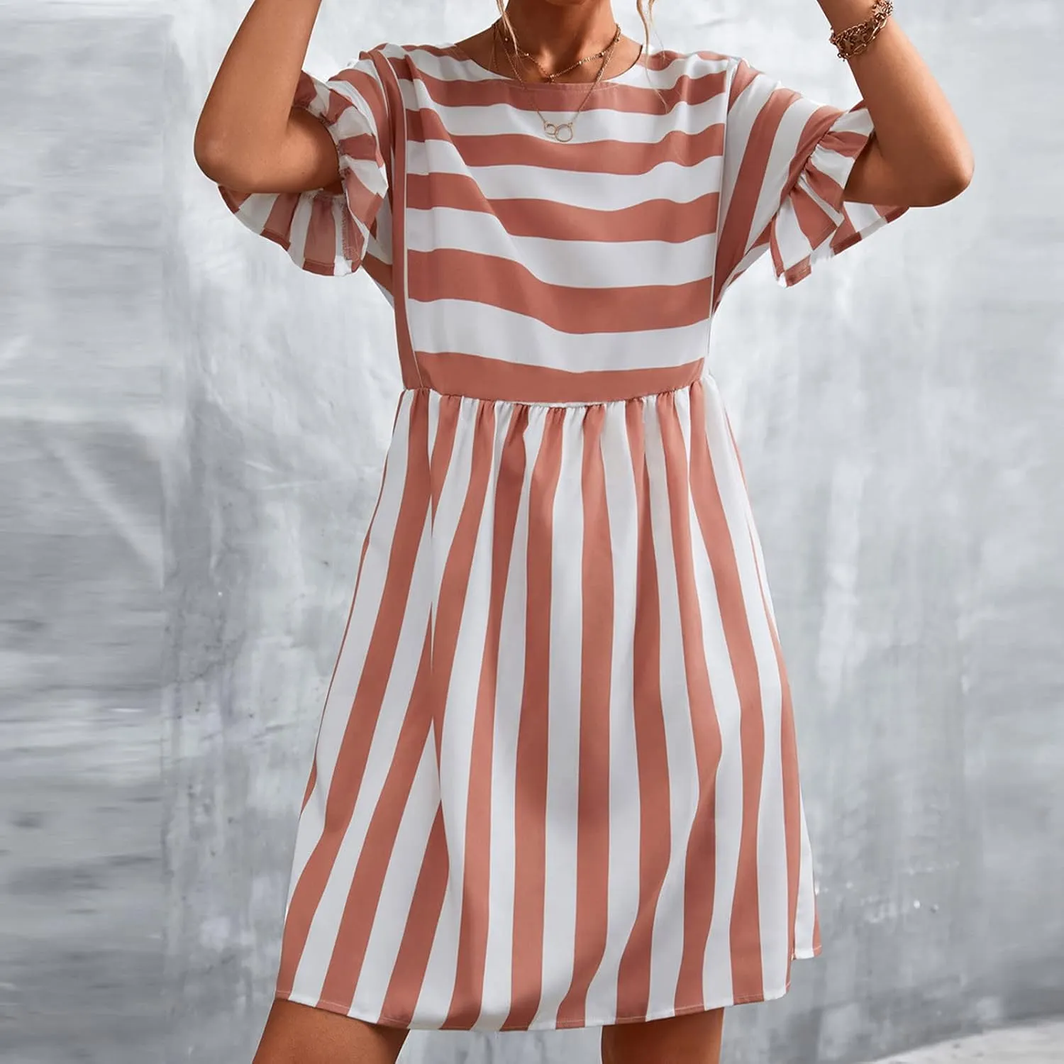 Women's Summer Ruffle Short Sleeve Striped Midi T Shirt Dress Crew Neck Work Casual Dresses with Pockets