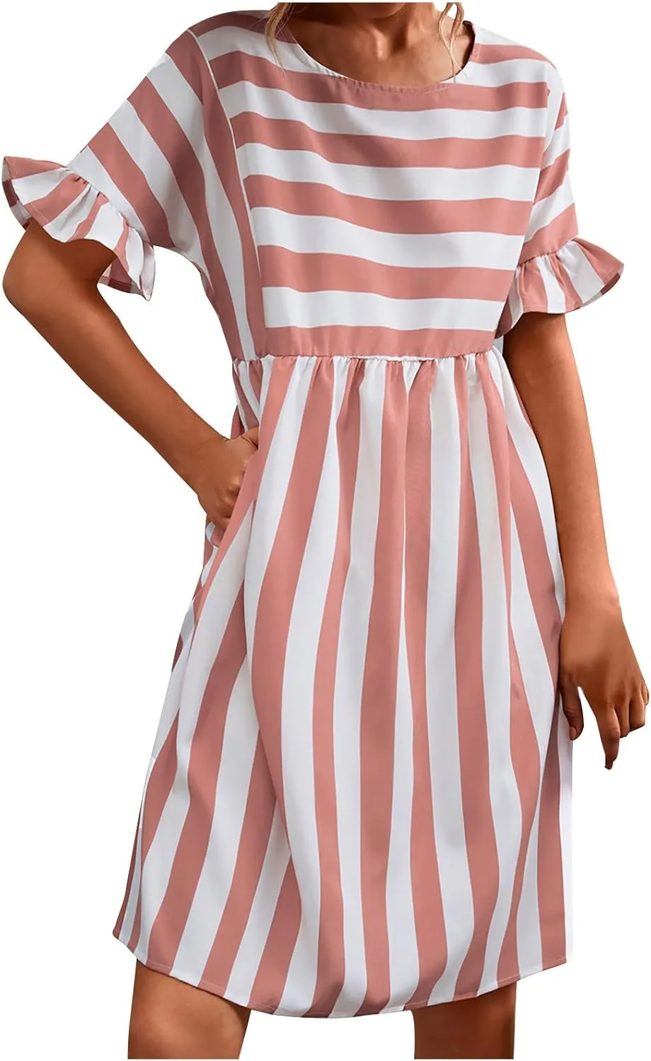 Women's Summer Ruffle Short Sleeve Striped Midi T Shirt Dress Crew Neck Work Casual Dresses with Pockets