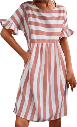 Women's Summer Ruffle Short Sleeve Striped Midi T Shirt Dress Crew Neck Work Casual Dresses with Pockets