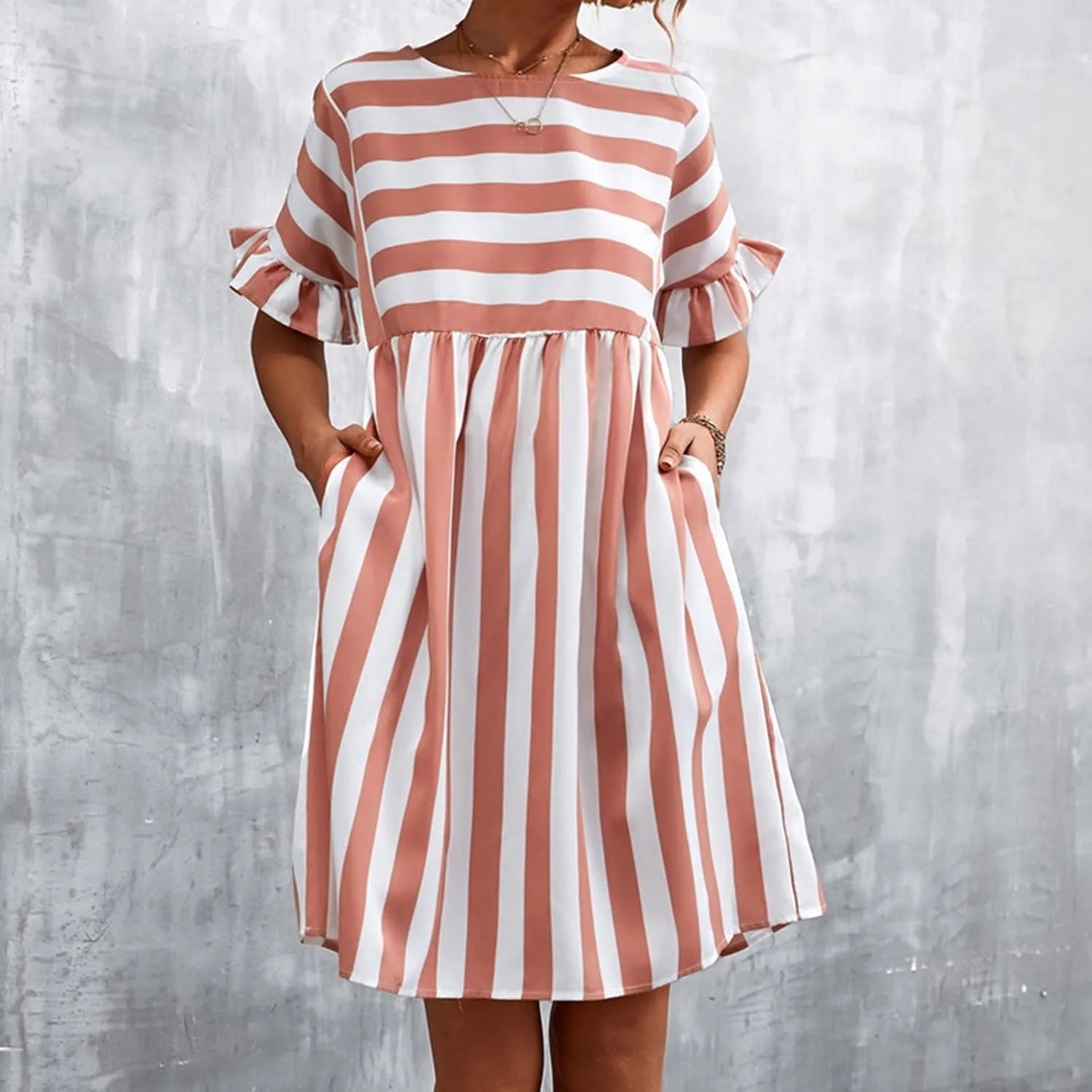 Women's Summer Ruffle Short Sleeve Striped Midi T Shirt Dress Crew Neck Work Casual Dresses with Pockets