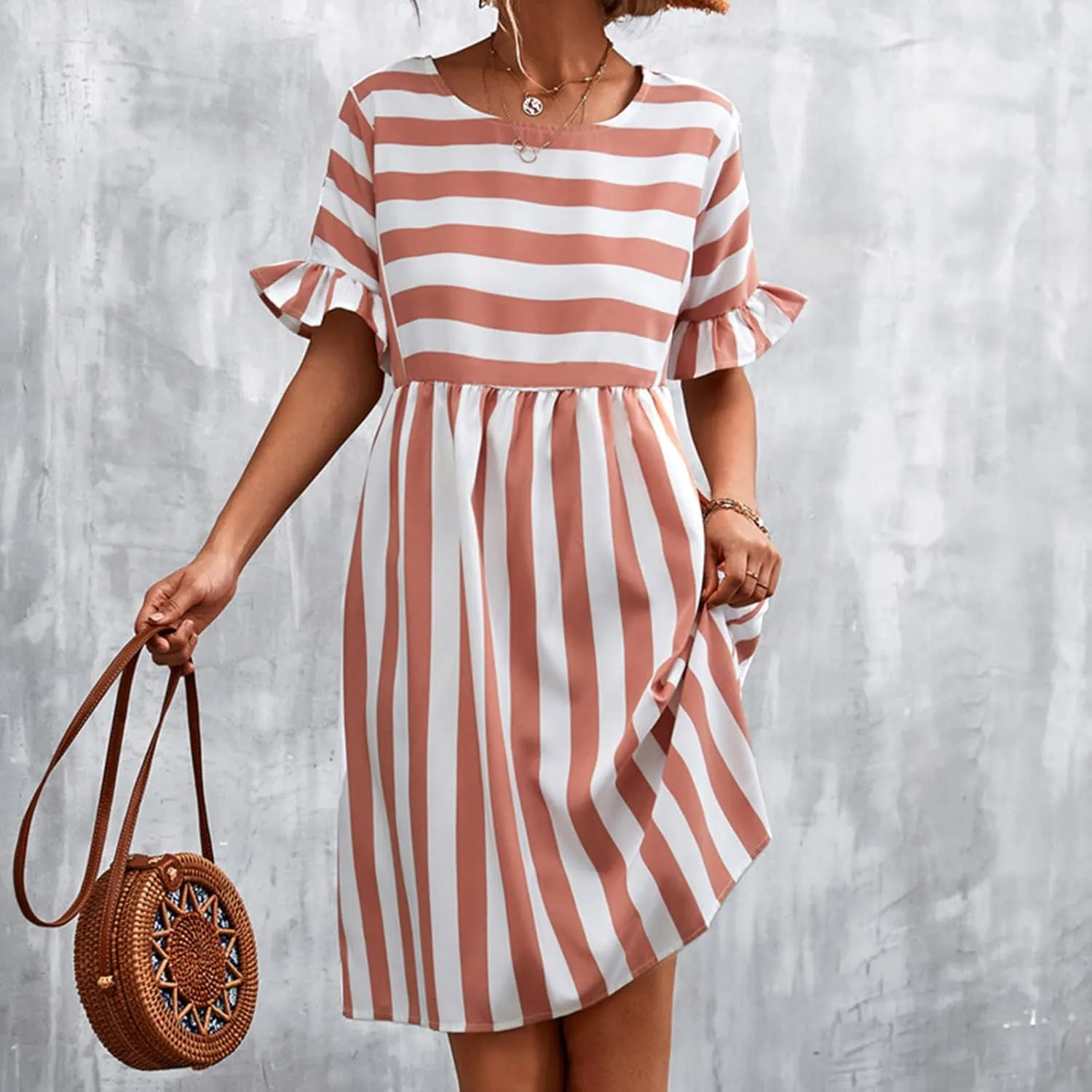 Women's Summer Ruffle Short Sleeve Striped Midi T Shirt Dress Crew Neck Work Casual Dresses with Pockets