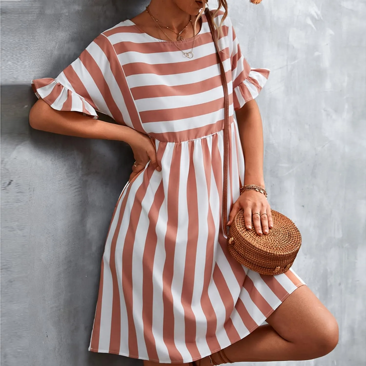 Women's Summer Ruffle Short Sleeve Striped Midi T Shirt Dress Crew Neck Work Casual Dresses with Pockets