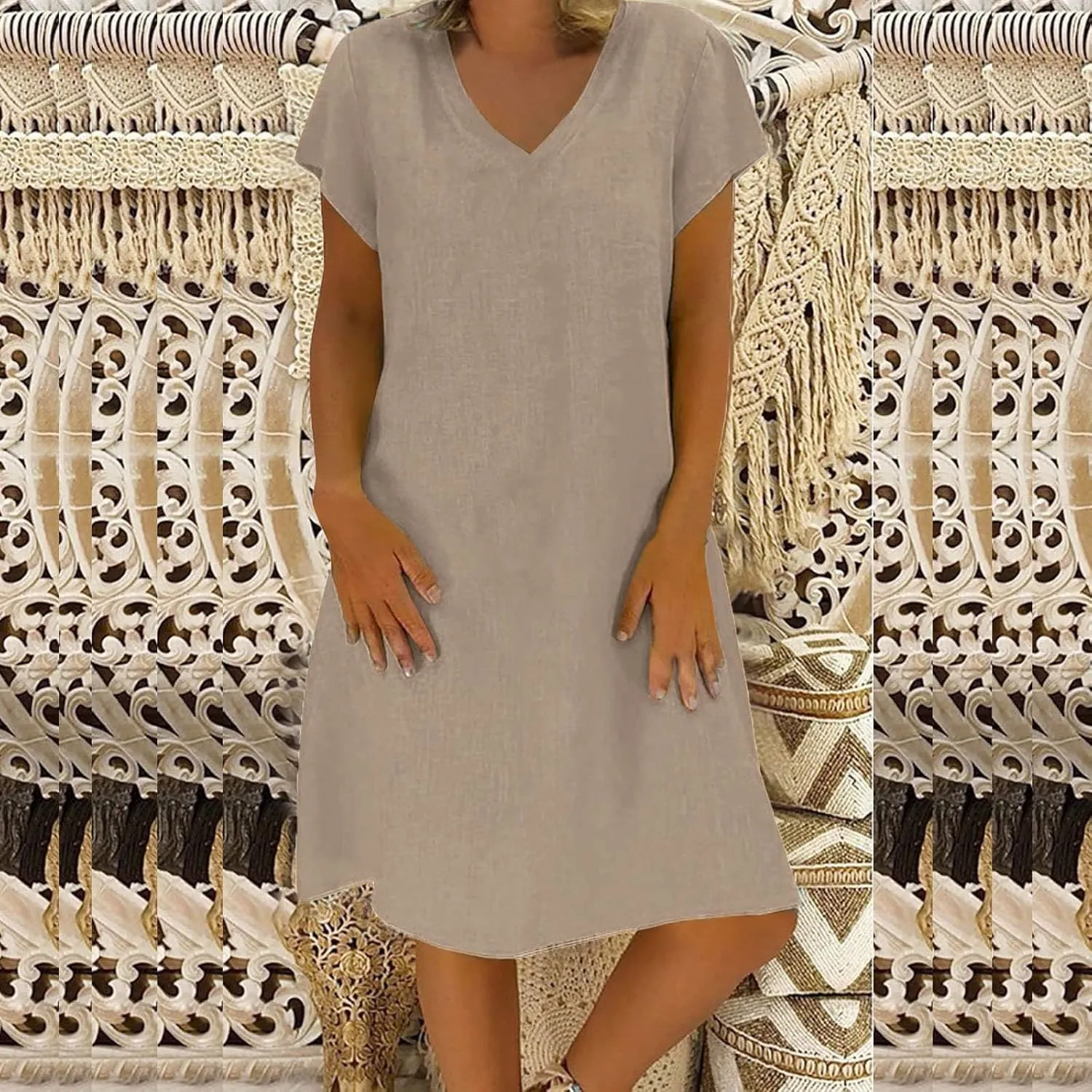 Womens Summer Short Sleeve Cotton Linen Dress Solid Loose V-Neck Shirt Dress Midi Length Vocation Beach Dress
