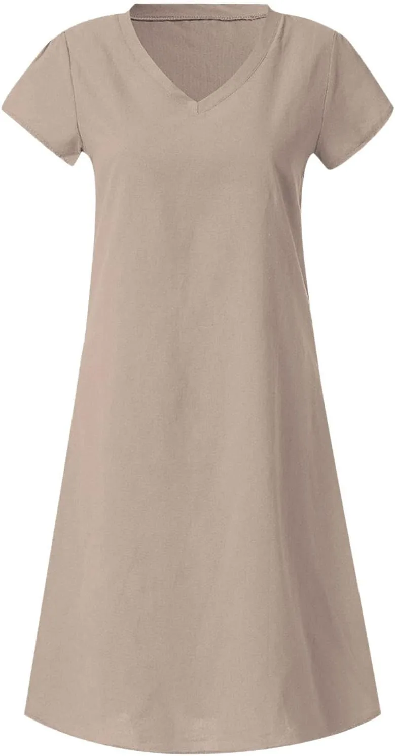 Womens Summer Short Sleeve Cotton Linen Dress Solid Loose V-Neck Shirt Dress Midi Length Vocation Beach Dress