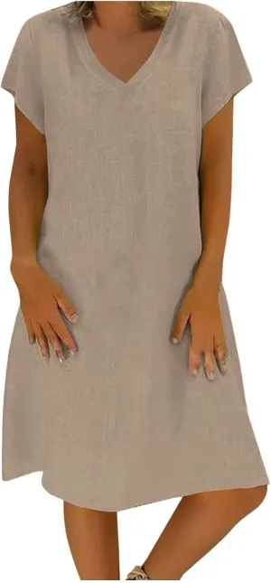 Womens Summer Short Sleeve Cotton Linen Dress Solid Loose V-Neck Shirt Dress Midi Length Vocation Beach Dress