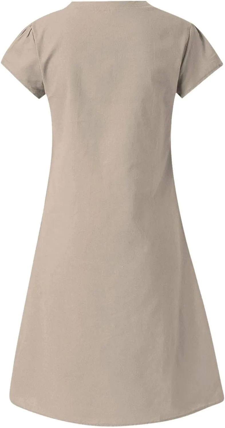 Womens Summer Short Sleeve Cotton Linen Dress Solid Loose V-Neck Shirt Dress Midi Length Vocation Beach Dress
