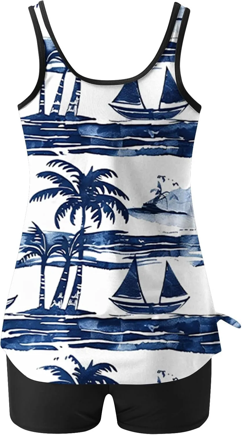 Womens Swimsuits Tankini 2025 Two Pieces Blouson Tankini Swimsuits with Shorts Striped Swim Tank Top Bathing Suits