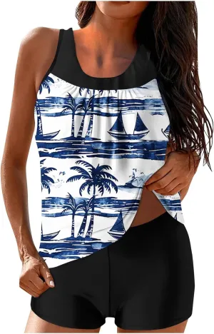 Womens Swimsuits Tankini 2025 Two Pieces Blouson Tankini Swimsuits with Shorts Striped Swim Tank Top Bathing Suits