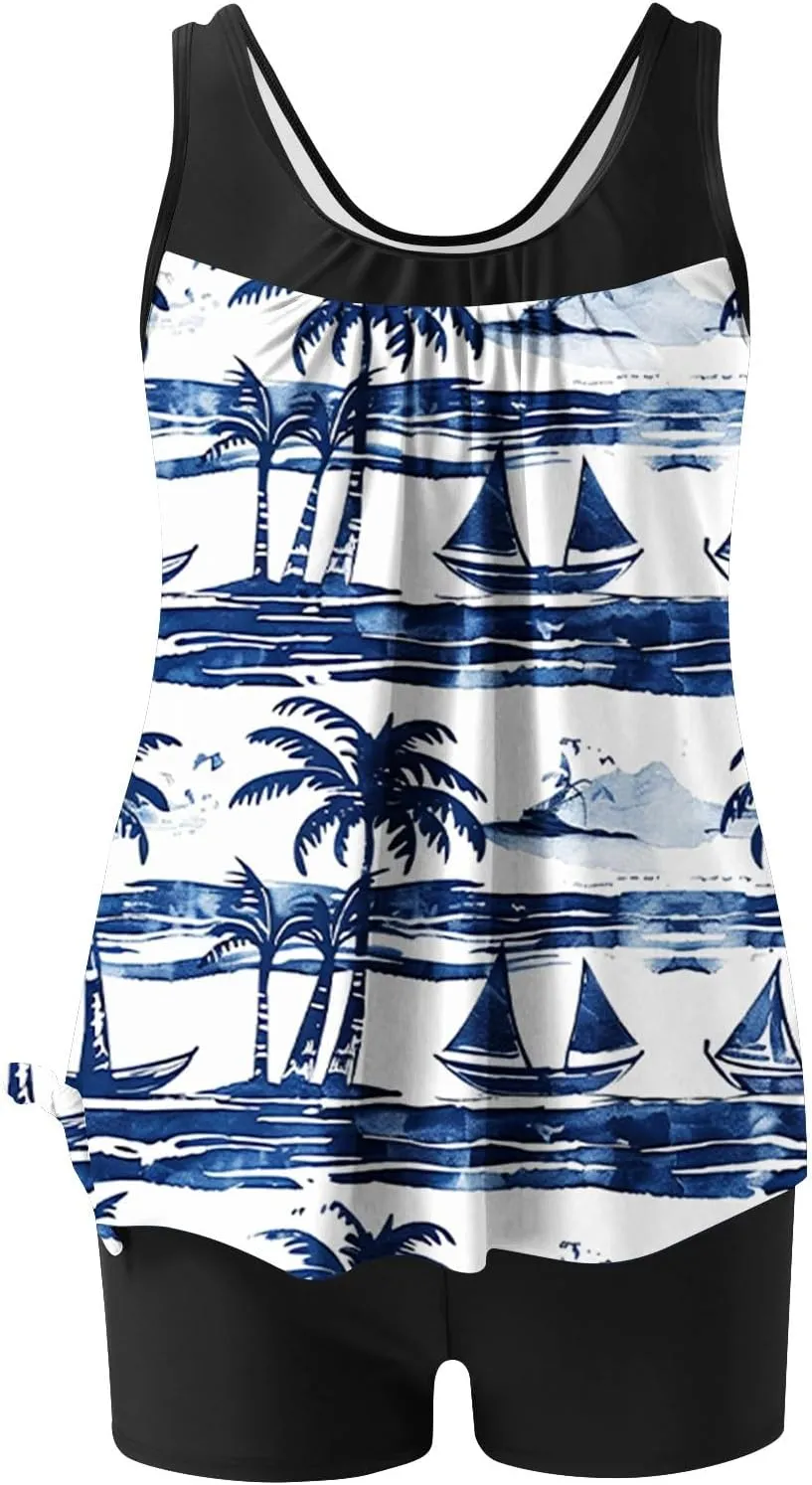 Womens Swimsuits Tankini 2025 Two Pieces Blouson Tankini Swimsuits with Shorts Striped Swim Tank Top Bathing Suits