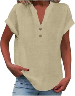 Women's T-Shirts 2025 Summer Trendy Cotton Roll-Up Sleeve Shirts Dressy Casual Button V Neck Blouse Loose Gauze Top