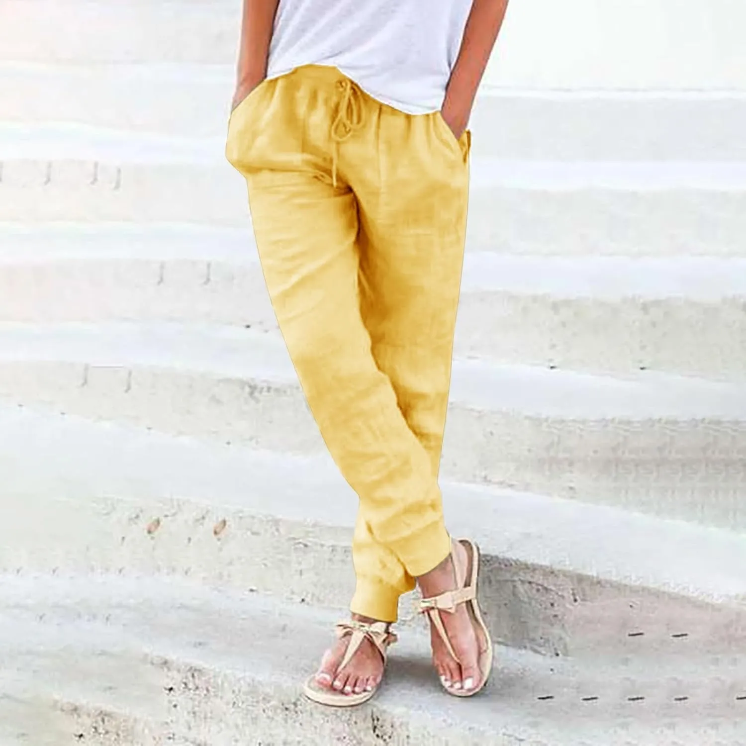 Womens Tapered Pants Cotton Linen Drawstring Elastic Waist Pants Casual Trousers with Pockets Joggers Travel Slacks