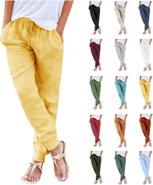 Womens Tapered Pants Cotton Linen Drawstring Elastic Waist Pants Casual Trousers with Pockets Joggers Travel Slacks