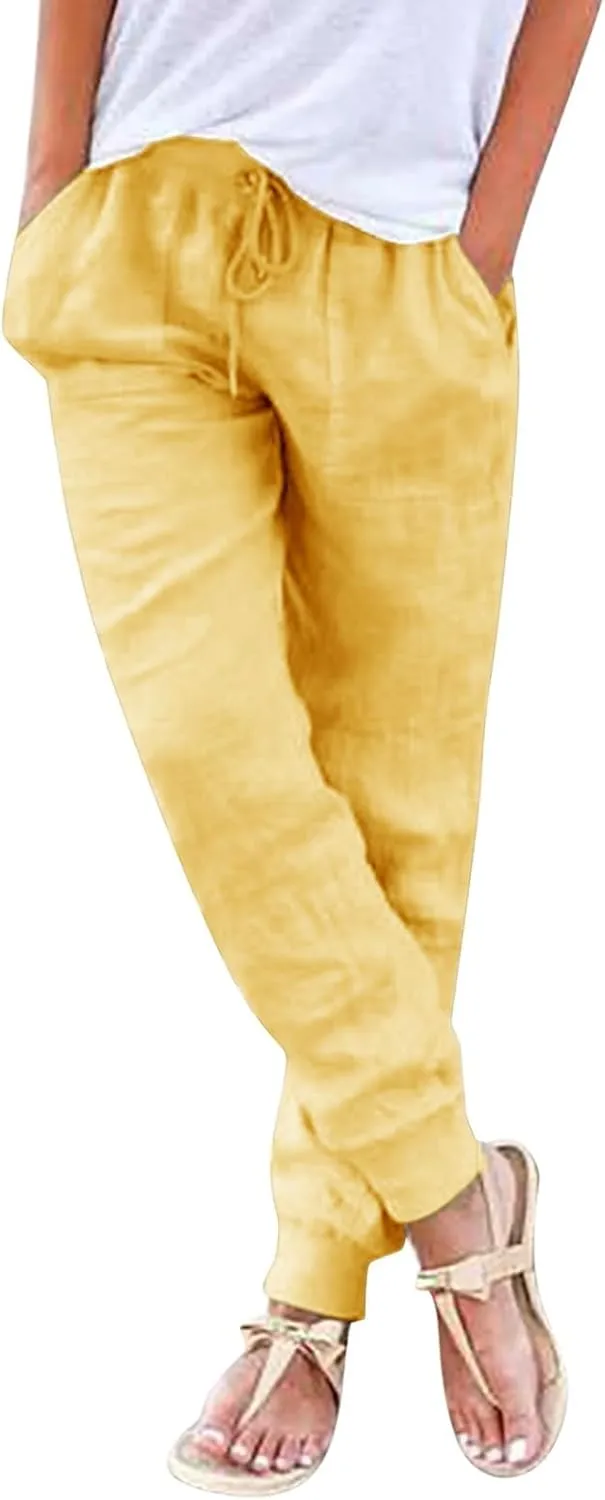 Womens Tapered Pants Cotton Linen Drawstring Elastic Waist Pants Casual Trousers with Pockets Joggers Travel Slacks