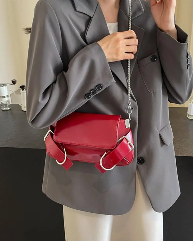 Womens Trendy PU Leather Shoulder Crossbody Bag Small Tote Purse Handbags Y2k Top Handle Satchel with Chain