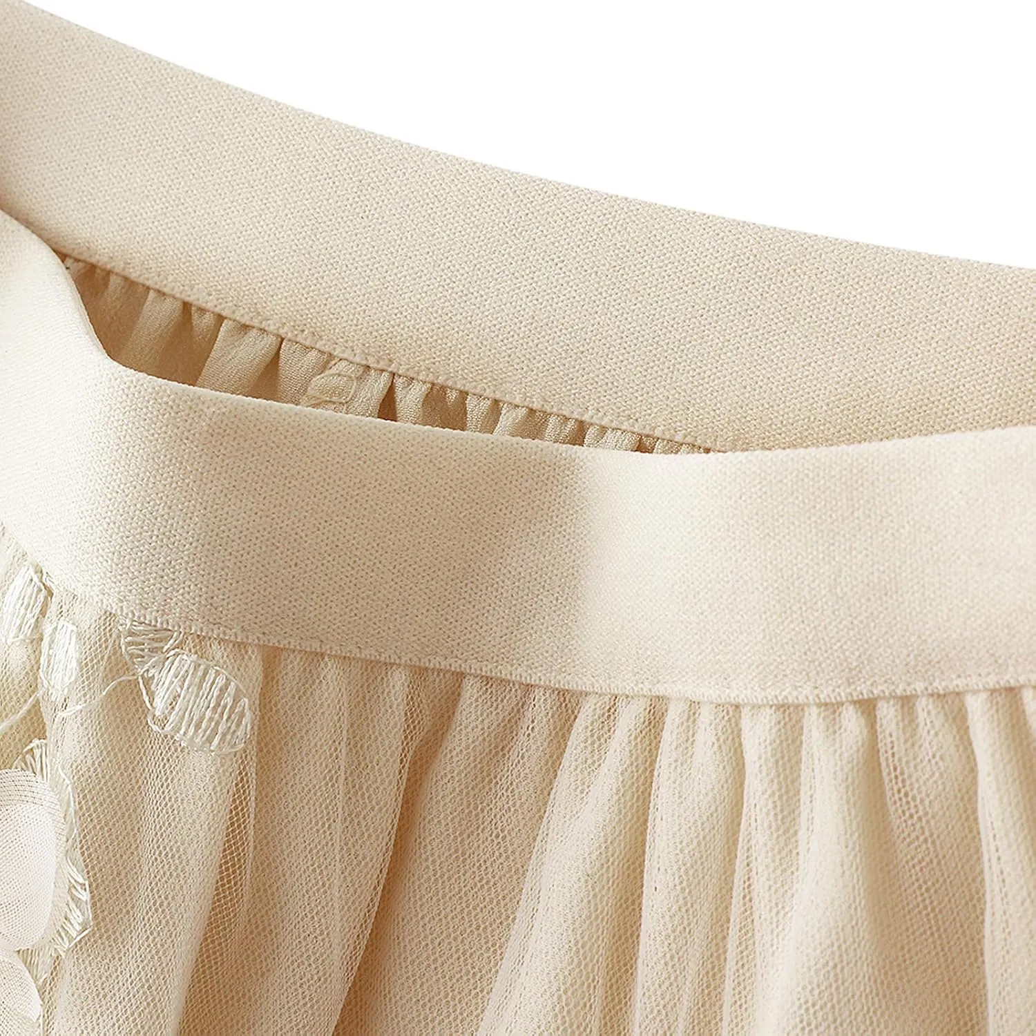 Women's Tutu Tulle Skirt Elastic High Waist Layered Midi Skirt Floral Lace Embroidery Mesh A-Line Skirt