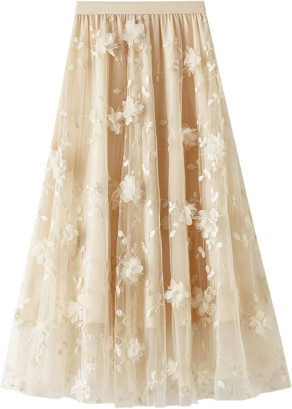 Women's Tutu Tulle Skirt Elastic High Waist Layered Midi Skirt Floral Lace Embroidery Mesh A-Line Skirt