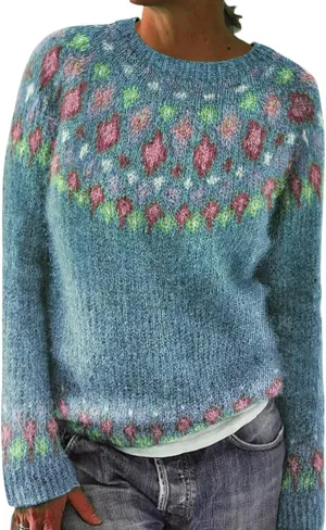 Women's Vintage Fair Isle Sweaters Casual Crewneck Pullover Knitted Top Lightweight Long Sleeve Retro Striped Shirt