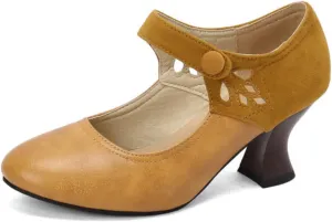 Women's Vintage Kitten High Heels Mary Jane Shoes Round Closed Toe Ankle Strap Cutout Oxfords Brogues Classic Patchwork Office Work Wedding Dress Pumps