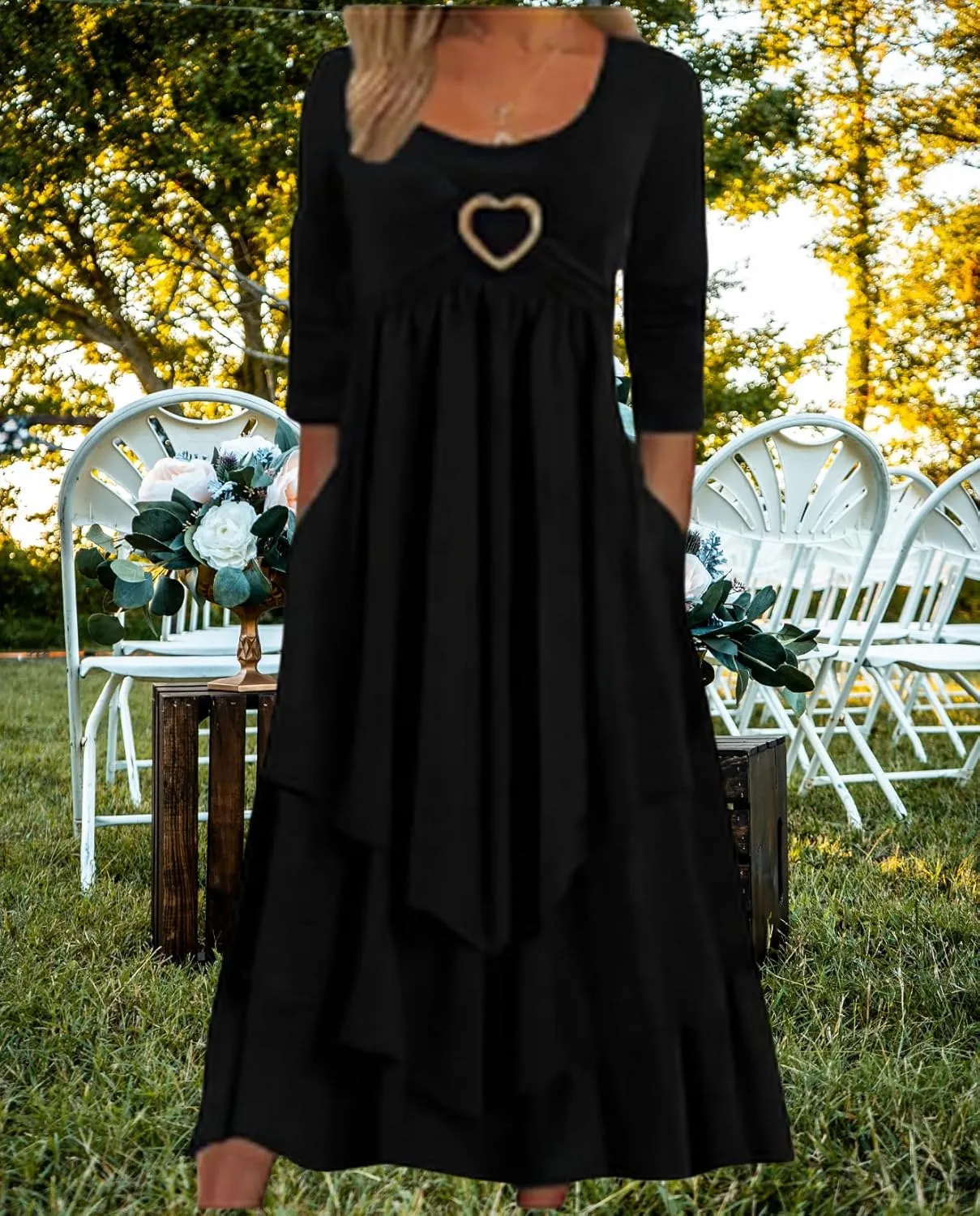 Womens Wedding Guest Maxi Dresses 2024 Fall Swing Ruffle Dress Irregular Hem A Line Flowy Long Sleeve Tiered