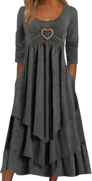 Womens Wedding Guest Maxi Dresses 2024 Fall Swing Ruffle Dress Irregular Hem A Line Flowy Long Sleeve Tiered