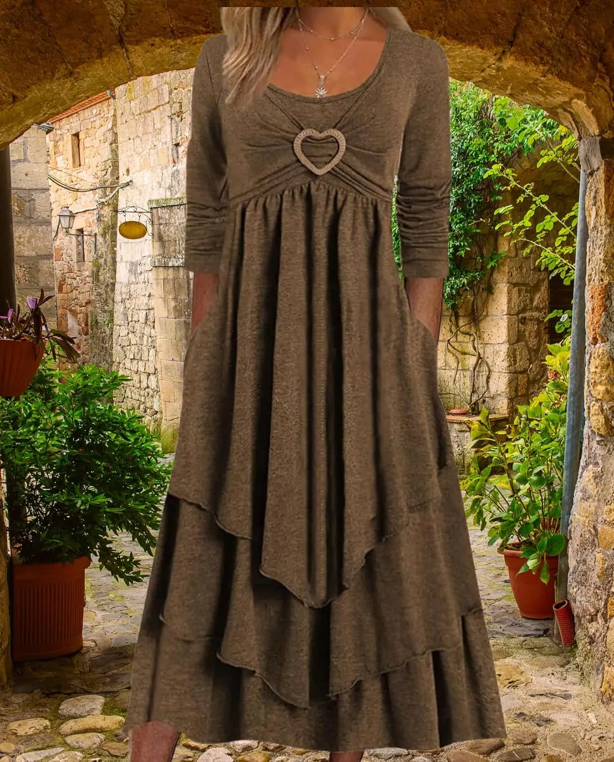 Womens Wedding Guest Maxi Dresses 2024 Fall Swing Ruffle Dress Irregular Hem A Line Flowy Long Sleeve Tiered