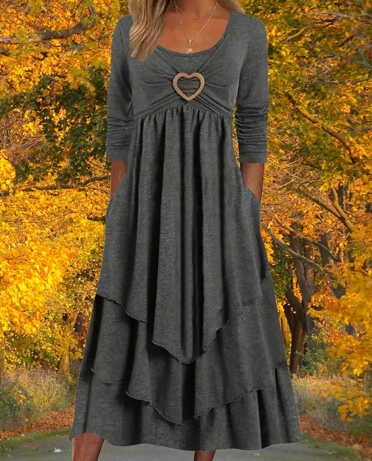 Womens Wedding Guest Maxi Dresses 2024 Fall Swing Ruffle Dress Irregular Hem A Line Flowy Long Sleeve Tiered