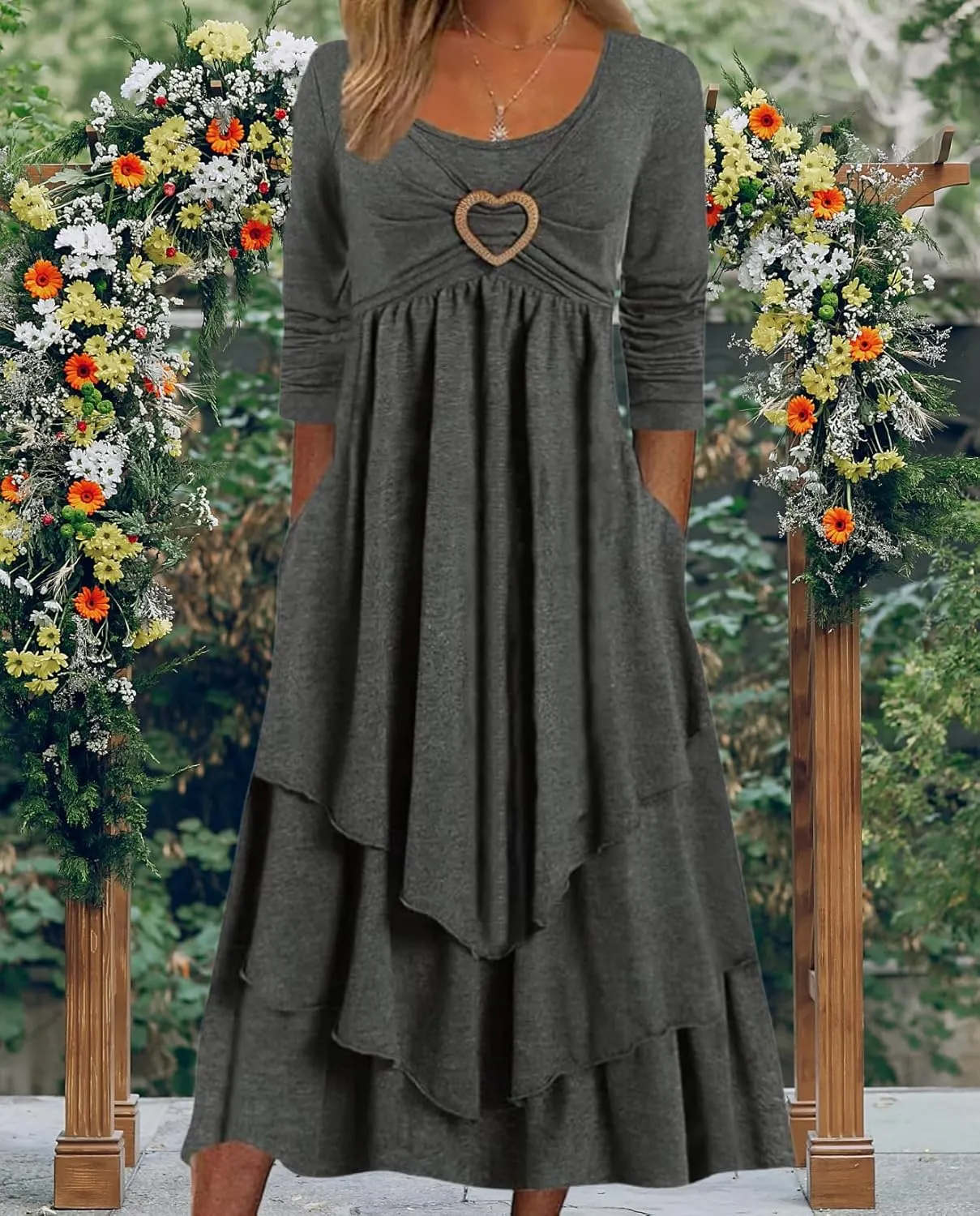 Womens Wedding Guest Maxi Dresses 2024 Fall Swing Ruffle Dress Irregular Hem A Line Flowy Long Sleeve Tiered