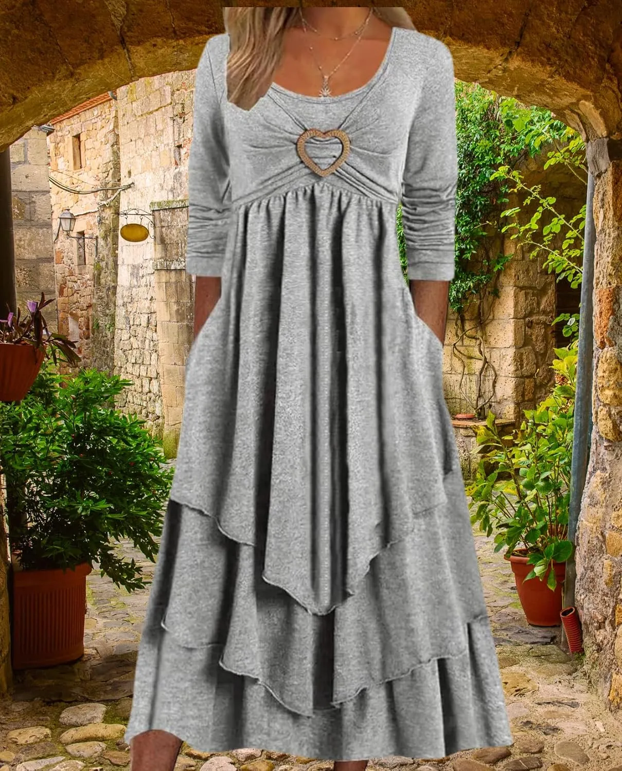 Womens Wedding Guest Maxi Dresses 2024 Fall Swing Ruffle Dress Irregular Hem A Line Flowy Long Sleeve Tiered