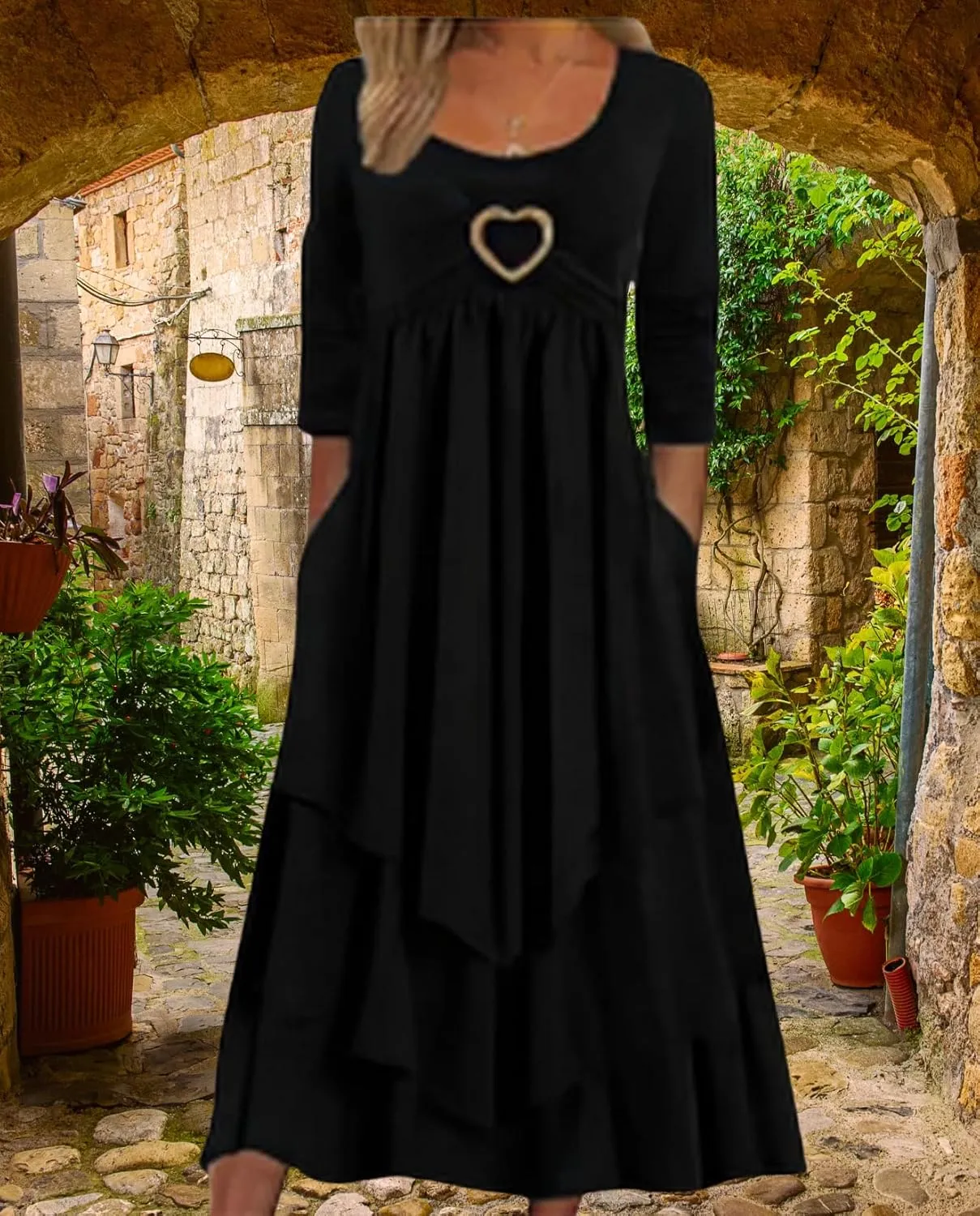 Womens Wedding Guest Maxi Dresses 2024 Fall Swing Ruffle Dress Irregular Hem A Line Flowy Long Sleeve Tiered