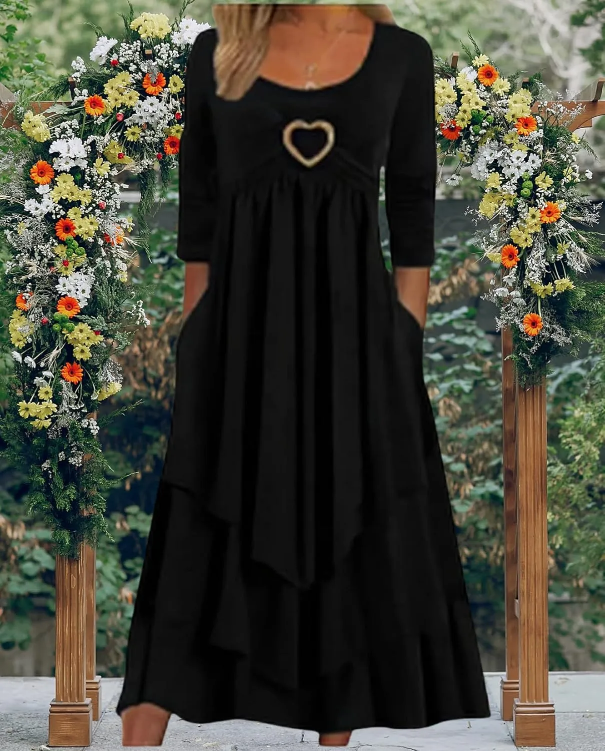 Womens Wedding Guest Maxi Dresses 2024 Fall Swing Ruffle Dress Irregular Hem A Line Flowy Long Sleeve Tiered