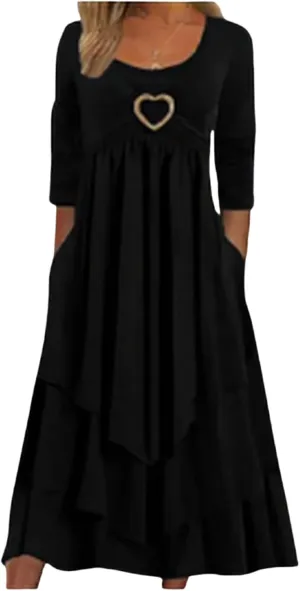 Womens Wedding Guest Maxi Dresses 2024 Fall Swing Ruffle Dress Irregular Hem A Line Flowy Long Sleeve Tiered