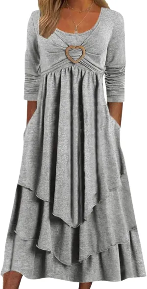Womens Wedding Guest Maxi Dresses 2024 Fall Swing Ruffle Dress Irregular Hem A Line Flowy Long Sleeve Tiered