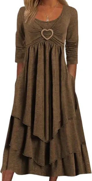 Womens Wedding Guest Maxi Dresses 2024 Fall Swing Ruffle Dress Irregular Hem A Line Flowy Long Sleeve Tiered