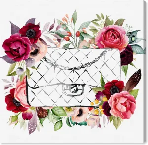 Wynwood Studio Fashion and Glam Wall Art Canvas Prints 'Purse in Bloom' Home Décor, 12" x 12", White, Black