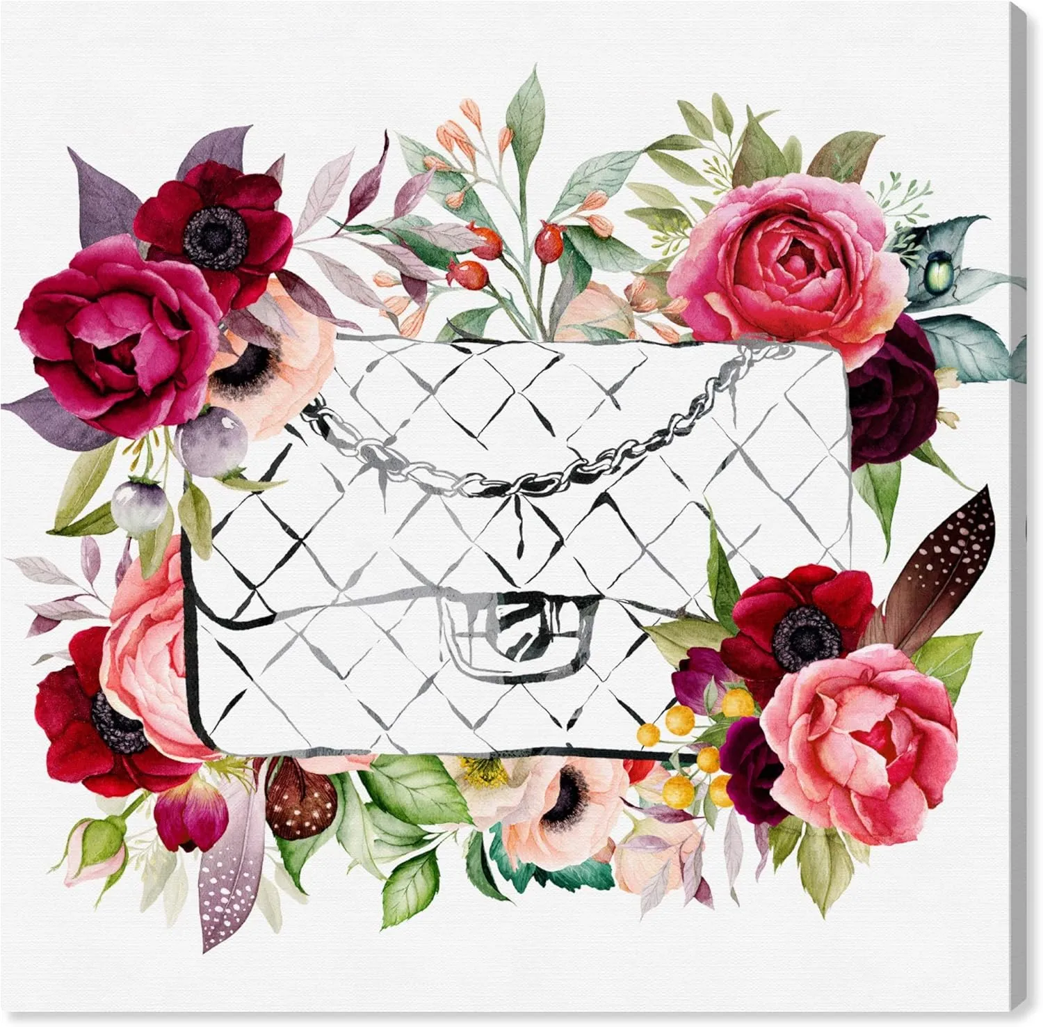 Wynwood Studio Fashion and Glam Wall Art Canvas Prints 'Purse in Bloom' Home Décor, 12" x 12", White, Black